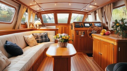 Fototapeta premium The spacious and elegant interior of a cabin cruiser, featuring fine woodwork and luxurious upholstery