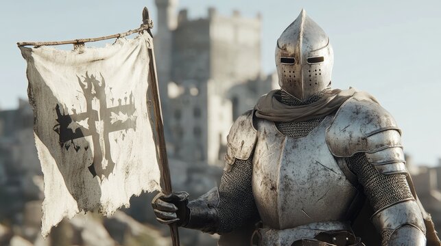 A medieval knight clad in full armor stands resolutely, holding a tattered flag with a castle in the background, symbolizing braver