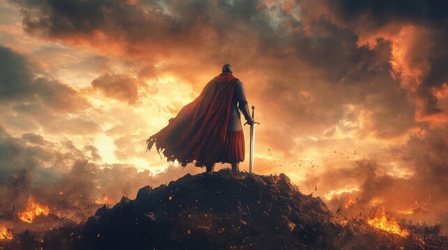 Victorious warrior standing atop a hill, sword raised high, with a battlefield in the background