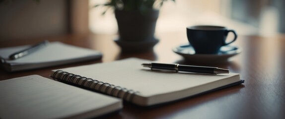 Cozy workspace with notebook, pen, coffee cup, and green plant, inspiring creativity and productivity