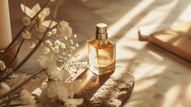 A bottle of perfume is sitting on a rock next to some flowers