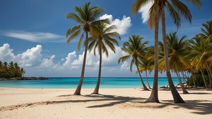 A tropical beach with white sand, clear turquoise water, and palm trees