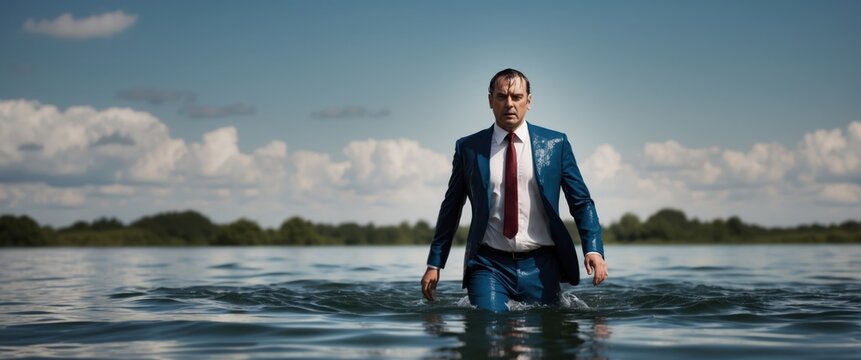Man in suit walking through water, symbolizing resilience and determination in challenging situations
