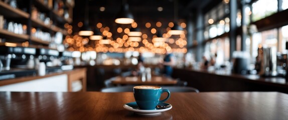 Fototapeta premium Cozy cafe scene with a cup of coffee on a wooden table, warm atmosphere, ideal for relaxation and social gatherings