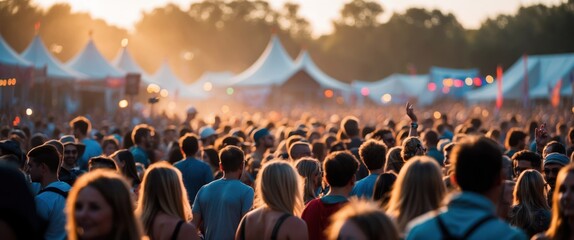 Vibrant outdoor festival scene at sunset with large crowd enjoying music and celebrating together