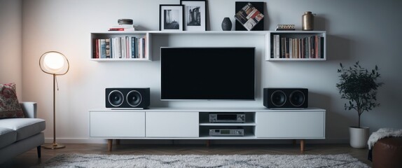 Elegant living room featuring modern television setup, cozy furniture, and stylish decor for relaxation and entertainment