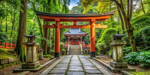 Scenic view of a traditional Japanese shrine surrounded by lush greenery and torii gates, Japanese, shrine