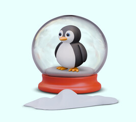 3D penguin in crystal ball. Christmas toy on colored background. Symbol of winter, cold season