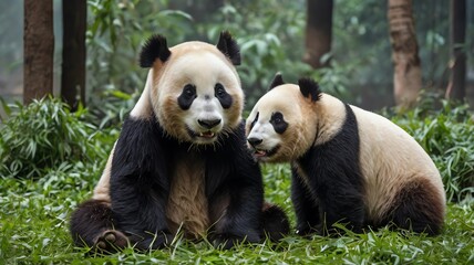 Obraz premium A grassy area. They are both eating bamboo.