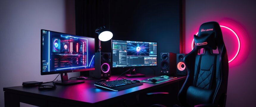High tech gaming setup featuring neon lights, dual monitors, and ergonomic chair, ideal for productivity or gaming sessions