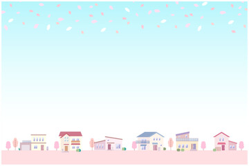 桜が舞う春の街並みのイラスト 家が立ち並ぶ住宅地の風景