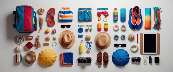Colorful beach travel essentials arranged neatly, perfect for summer vacations and outdoor adventures