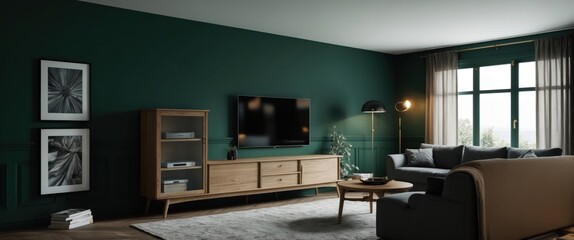 Fototapeta premium Cozy modern living room featuring green walls, stylish furniture, and natural light, perfect for relaxation and comfort