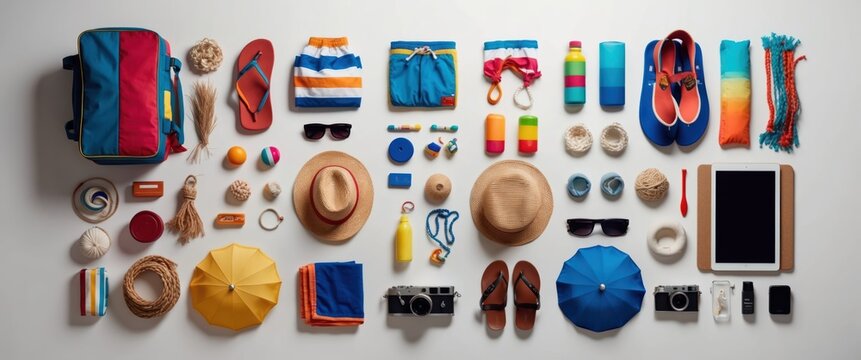 Colorful beach travel essentials arranged neatly, perfect for summer vacations and outdoor adventures