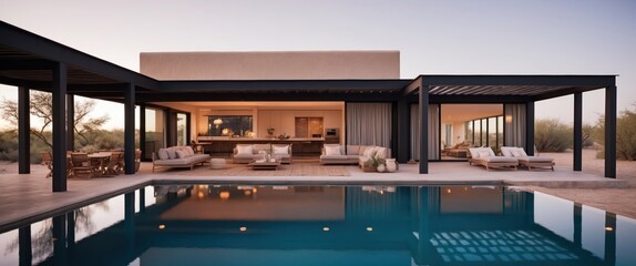 Fototapeta premium Contemporary house with a stylish poolside area, designed for relaxation and outdoor living