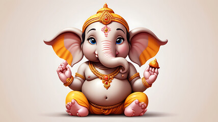 A 3D cute cartoon style Ganesha, the Hindu elephant-headed god, with a round belly, big eyes, and a gentle smile, set against a simple background