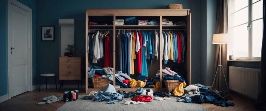 Colorful wardrobe with clothes scattered on the floor, showcasing a disorganized yet vibrant home atmosphere