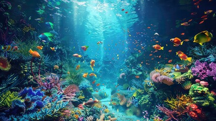 Fototapeta premium A vibrant underwater scene featuring a variety of colorful fish swimming around a lush coral reef, illuminated by sunlight filtering through the water.