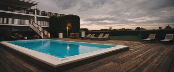 Fototapeta premium Modern outdoor space with pool and lounge chairs, perfect for relaxation during summer evenings