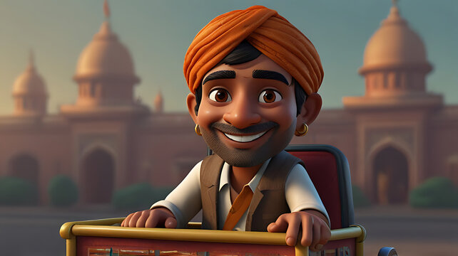 A 3D cute cartoon style Indian auto-rickshaw driver, wearing a traditional turban and smiling, set against a simple background
