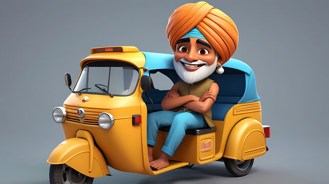 A 3D cute cartoon style Indian auto-rickshaw driver, wearing a traditional turban and smiling, set against a simple background