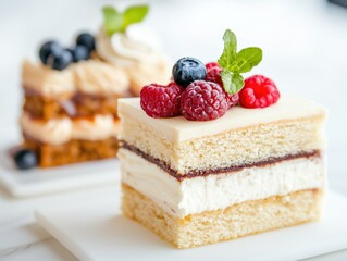Delicious layered sponge cake with fresh berries on top, perfect for dessert lovers and special occasions.