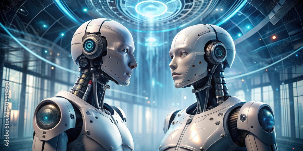 Poster two humanoid robots engaging in conversation on a futuristic background , technology