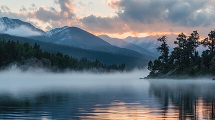 Vallecito Lake at sunrise, with mist rolling over the water and mountains in the background
