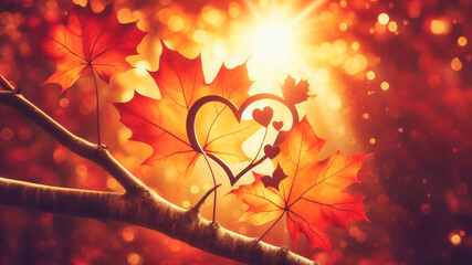Love autumn maple leaf with cut out heart on branch with nature background