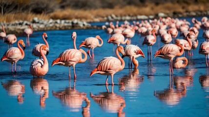 Obraz premium A group of pink flamingos standing in a shallow body of water.