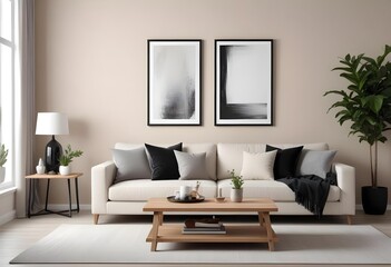 A modern living room with a beige sofa, a black and white blank frame on the walls, and a wooden coffee table with decorative objects