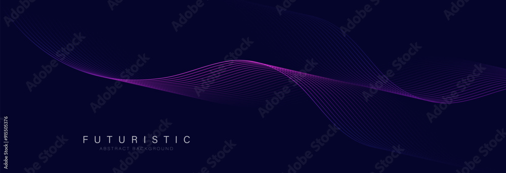 Wall mural futuristic abstract background with glowing wave. shiny moving lines design element. modern purple b