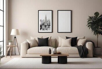 A modern living room with a beige sofa, a black and white blank frame on the walls, and a wooden coffee table with decorative objects
