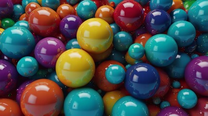 A large group of shiny, colorful spheres, mostly red, yellow, purple, and blue.