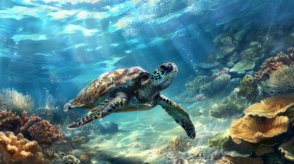 Obraz premium A sea turtle is gliding underwater near a coastal reef