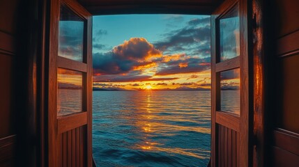 View from inside a cabin boat at sunset, with open doors revealing a tranquil sea, perfect for a serene voyage