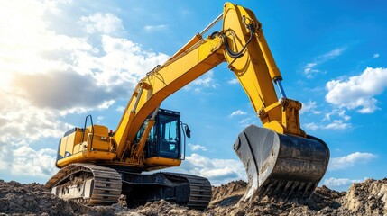 Yellow excavator in action at a construction site, symbolizing power and progress