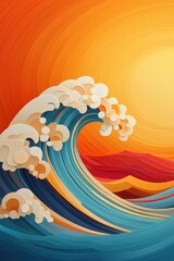 Vibrant ocean wave under a glowing sunset in a colorful abstract art style