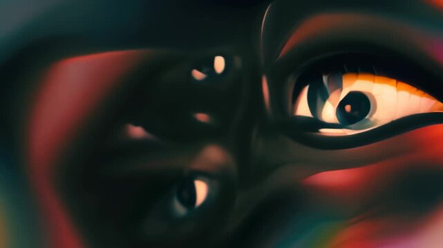 Dissolving pattern of brows and moving eyes. Surreal horror concept