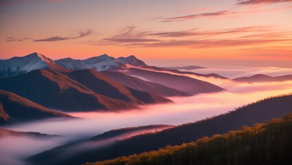 A sunrise over a valley filled with fog, with mountains in the background and a vibrant orange and pink sky.