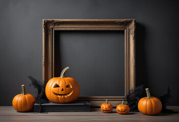 Empty frame with Halloween pumpkins, writing space, surrounded by fall leaves, Halloween, wood floor