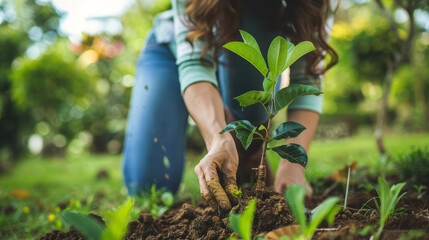 Fototapeta premium A woman is closeup photo of an planting a tree in a garden