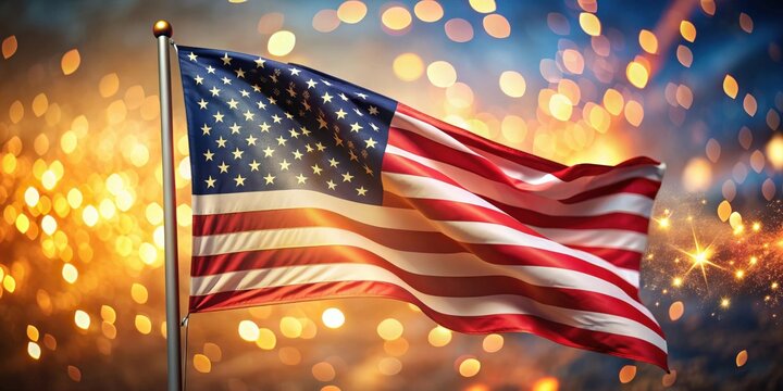 Waving American flag with vibrant bokeh lights , patriotism, celebration, USA