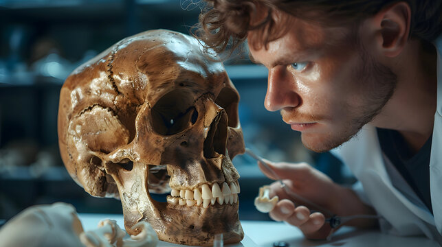 Generate a picture of an anthropologist in a laboratory, using anthropometry to study human physical variation and its implications for understanding human origins