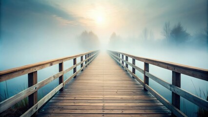Fototapeta premium Ethereal wooden bridge disappearing into dense fog , Solitude, mysterious, atmospheric, misty, eerie, surreal, haunting