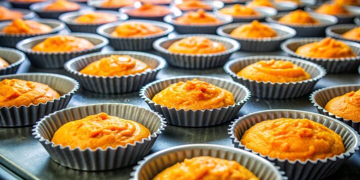 Freshly mixed orange-hued carrot muffin batter fills a row of modern silicone baking moulds, waiting to be baked to a golden brown perfection.