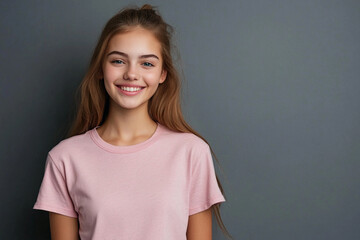 Fototapeta premium smiling young woman or teenage girl in blank pink t shirt