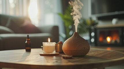 Aromatherapy Diffuser with Candle and Essential Oil on a Wooden Table