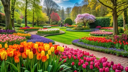 Vibrant tulips in full bloom in a meticulously landscaped garden, flowers, tulips, beautiful, colorful, vibrant, bloom, garden