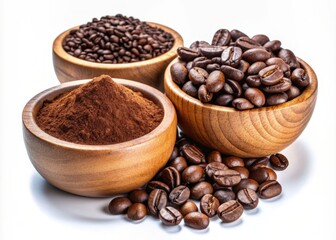 Freshly roasted coffee beans and coffee powder fill two wooden bowls on a clean white background, showcasing the rich aroma and inviting texture of coffee.